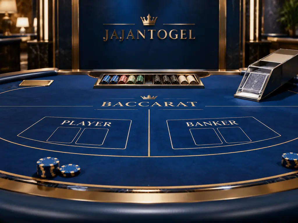 Meja baccarat dengan kartu terbuka dan tumpukan chip
