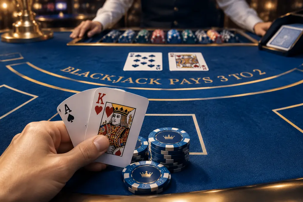 Tangan blackjack dan kartu dealer pada meja kasino