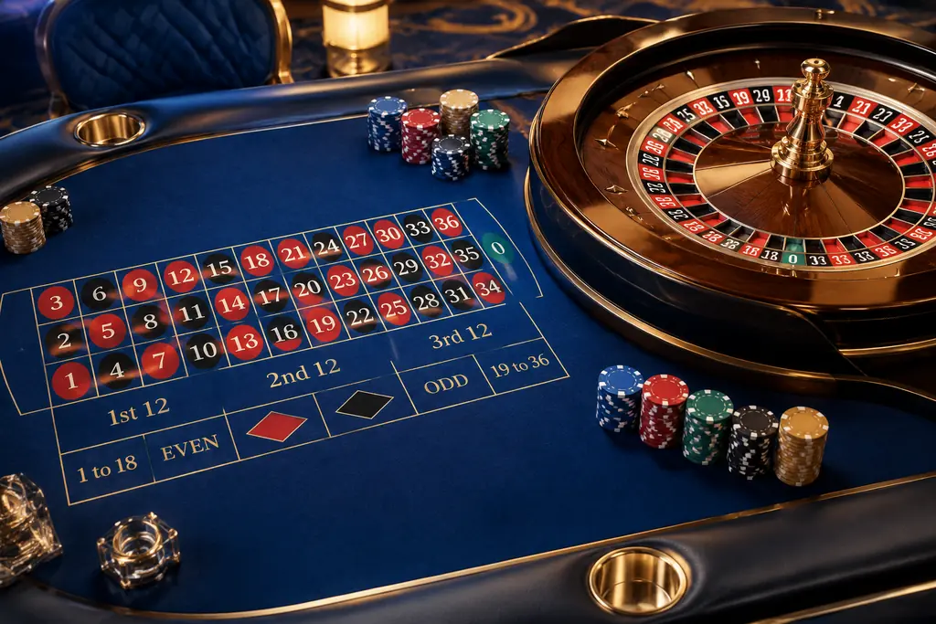Roda roulette dan tata letak taruhan di meja