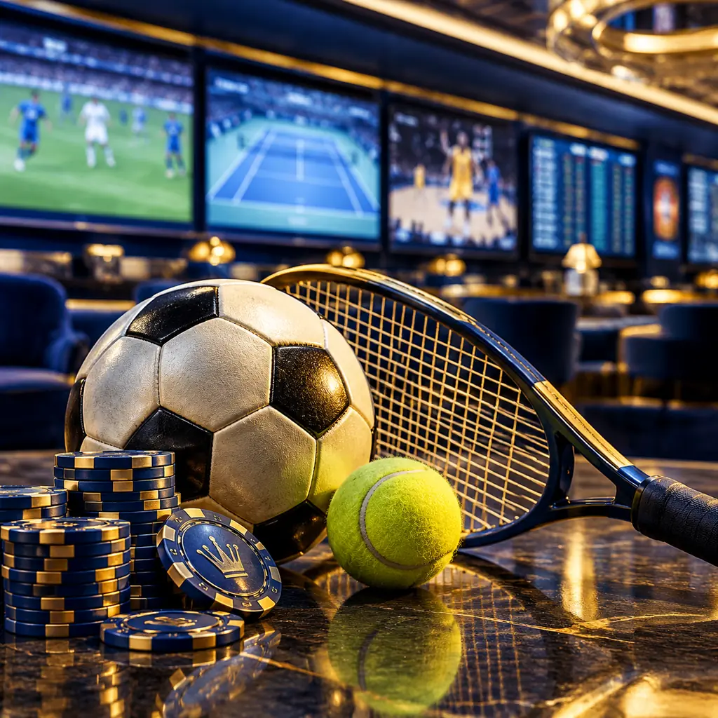 Bola sepak dan raket tenis di area olahraga kasino