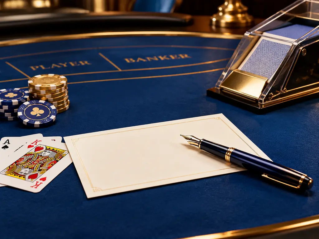 Kartu catatan dan pena di dekat meja baccarat